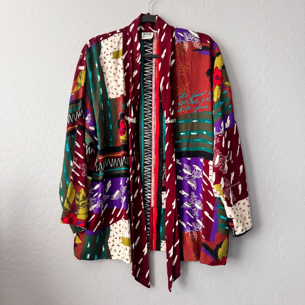Nino Wong Medium Kimono Jacket Multi Long Sleeve Abstract Patchwork Vintage